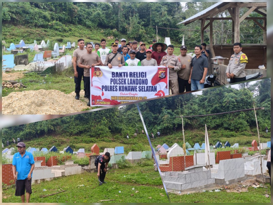 Sambut Hari Bhayangkara Ke-79 , Polsek Landono Laksanakan Bakti Religi Dengan Melakukan Pembersihan TPU